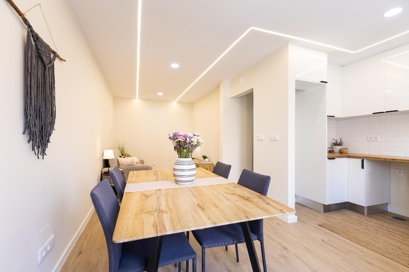 Dining area with the kitchen behind