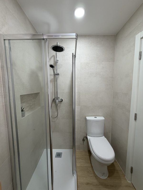 A casa de banho a todo o comprimento, com o duche e a sanita